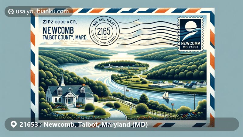 Modern illustration of Newcomb, Talbot County, Maryland, showcasing postal theme with ZIP code 21653, featuring Oak Creek, Newcomb waterfront, and local Post Office building.