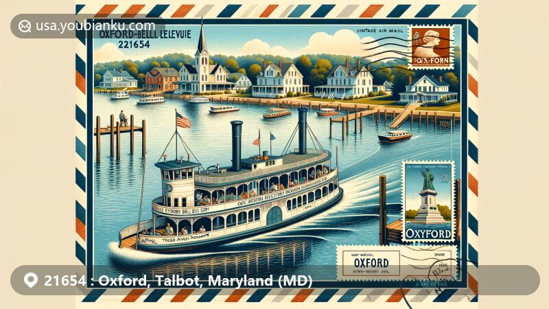 Vibrant illustration of Oxford-Bellevue Ferry crossing Tred Avon River, showcasing historic significance as the oldest privately operated ferry in the US, with Tench Tilghman Monument and lively Oxford waterfront.