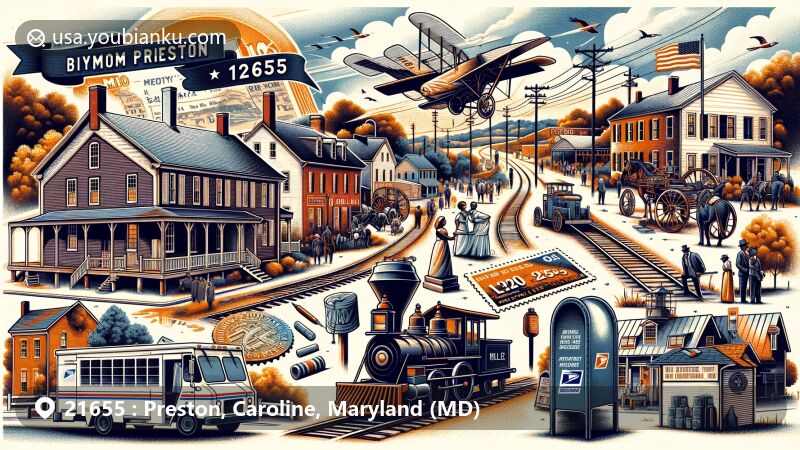 Modern illustration of Preston, Caroline County, Maryland, featuring postal theme with ZIP code 21655, showcasing rich history and cultural heritage including role as key Underground Railroad station with connection to Harriet Tubman, highlighting Lynchburg Mill representing diverse heritage.
