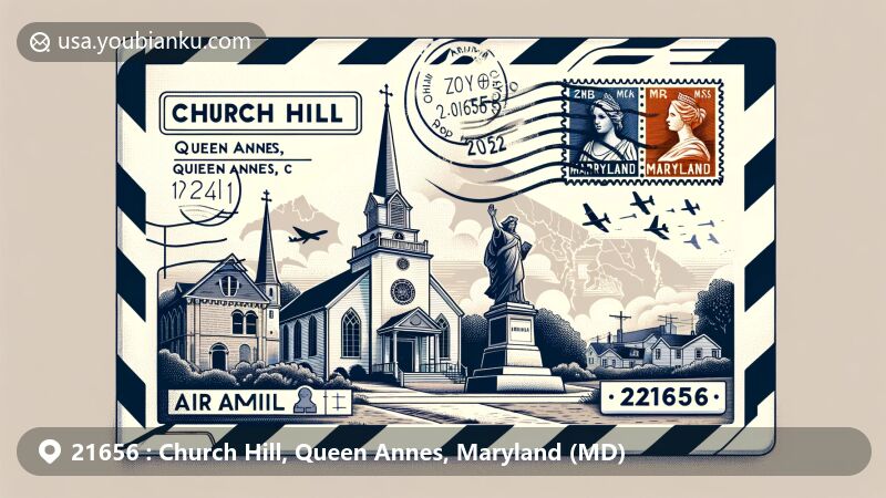 Modern illustration of Church Hill, Queen Annes, Maryland, with airmail envelope design featuring postcard of St. Luke's Church and Queen Anne statue, showcasing ZIP Code 21656 and Maryland-themed elements.