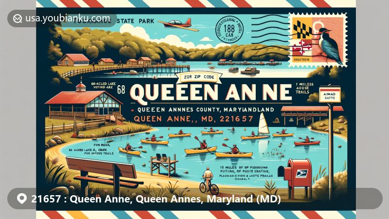 Modern illustration of Queen Anne area, Queen Annes County, Maryland, representing ZIP code 21657, featuring Tuckahoe State Park as the main landmark and postal elements with Maryland state flag.