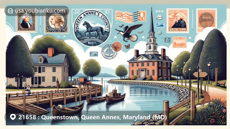 Modern illustration of Queenstown, Queen Annes, Maryland, representing ZIP code 21658 with Colonial Courthouse, Queenstown Creek, and postal symbols.