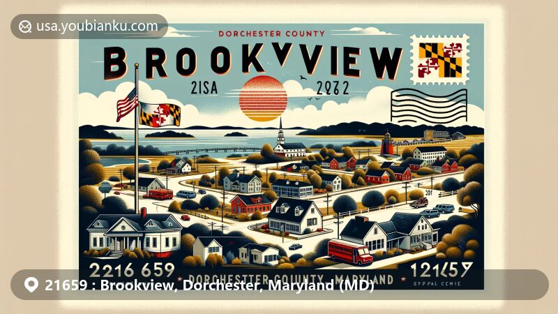 Vintage-style illustration of Brookview, Dorchester County, Maryland, inspired by a postcard theme, displaying the Maryland state flag, Dorchester County outline, and elements representing the character of Brookview, emphasizing ZIP code 21659.