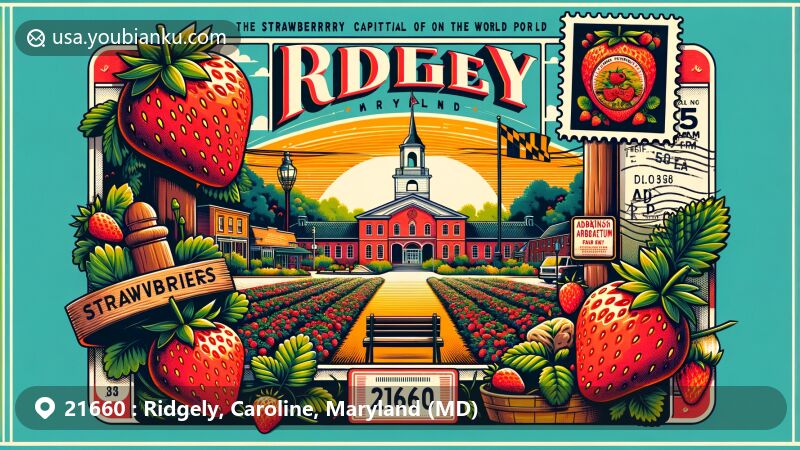 Modern illustration of Ridgely, Maryland, known as the 'Strawberry Capital of the World', featuring postcard design with Adkins Arboretum, Tuckahoe State Park, strawberries, town flag, and postal elements like a stamp, postal mark, and ZIP code 21660.