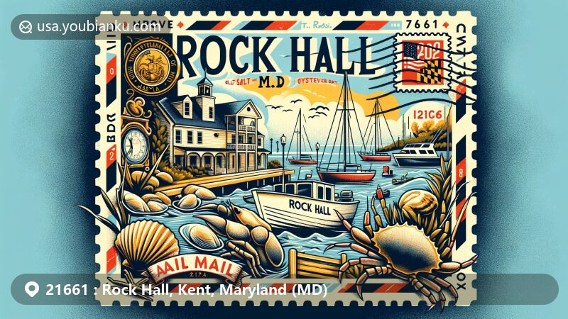 Modern illustration of Rock Hall, Kent County, Maryland, featuring a crab and oyster boat, the Chesapeake Bay, marina, Old Salt Statue, Waterman's Museum, and a stamp with Maryland state flag, all in a postcard design.