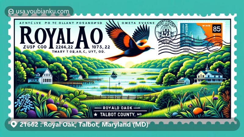Modern illustration of Royal Oak, Talbot County, Maryland, inspired by ZIP code 21662, featuring lush landscapes of Maryland's Eastern Shore, incorporating Maryland state flag and Talbot County outline, showcasing postal themes with vintage postage stamp of the Baltimore Oriole and postmark from Royal Oak, MD.