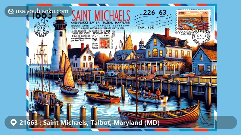 Modern illustration of Saint Michaels, Talbot County, Maryland, featuring maritime heritage and 19th-century seaport charm, with Chesapeake Bay Maritime Museum, 'bugeyes,' 'skipjacks,' and 1879 Hooper Strait Lighthouse.