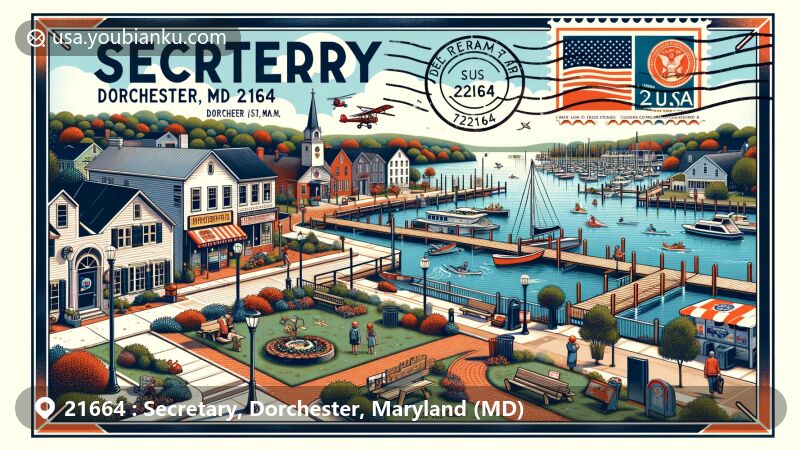 Modern illustration of Secretary, Dorchester, Maryland, representing ZIP code 21664, featuring the Warwick River, a small pizzeria, memorial to veterans, community park with playground and tennis courts, vintage postal elements, including airmail envelope, Maryland state flag stamp, postmark 'Secretary, MD 21664', and historic references.