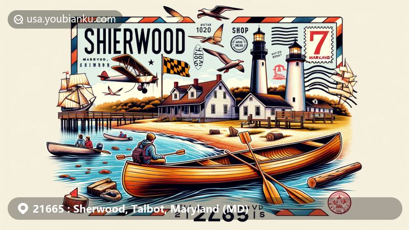 现代插图展示了邮政编码21665对应的Sherwood, Talbot, Maryland（MD）地区的独特美，包括切萨皮克湾、历史悠久的Sandy平底船、Hooper Strait灯塔和Third Haven Friends会议室等地标。以邮政主题为背景，融入复古航空邮件信封、马里兰州旗帜、ZIP码21665等元素，突出展现Sherwood的海事遗产和海岸环境。