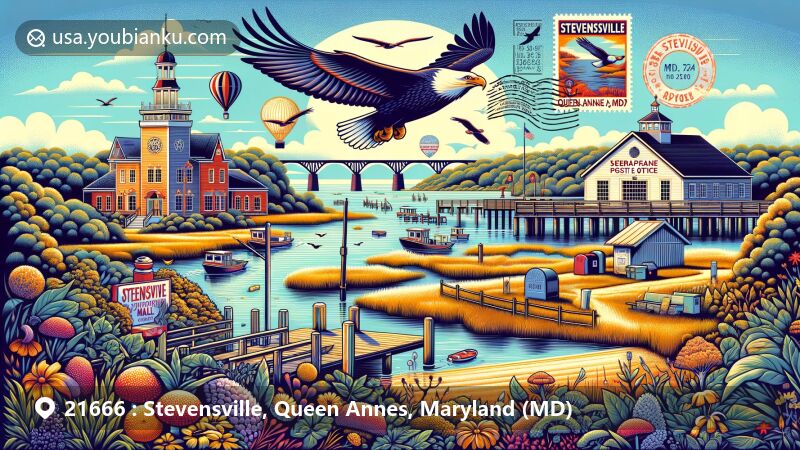 Modern illustration of Stevensville, Queen Anne's County, Maryland, featuring postal theme with elements like the Chesapeake Bay Bridge, the historic Stevensville Post Office, and Terrapin Nature Park's natural beauty.