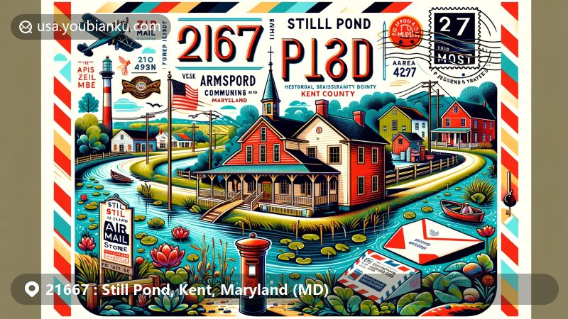 Modern illustration of Still Pond, Kent County, Maryland, highlighting postal theme with ZIP code 21667, featuring historic buildings and agricultural fields.