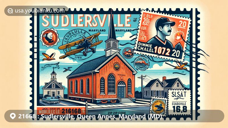 Modern illustration of Sudlersville, Maryland, showcasing postal theme with ZIP code 21668, featuring landmarks like Dudley's Chapel and tribute to Baseball Hall of Famer Jimmie Foxx.