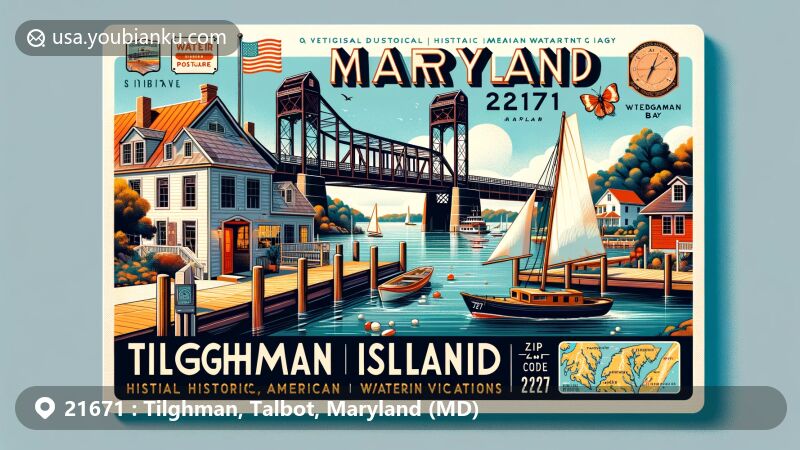 Modern illustration of Tilghman Island, Maryland, showcasing iconic drawbridge over Knapps Narrows and picturesque waterfront scene, emphasizing historic charm and serene vacation destination.