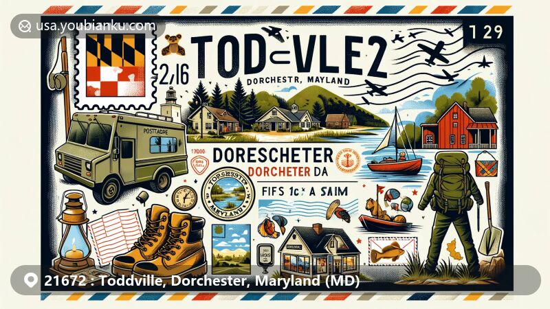Modern illustration of Toddville, Dorchester, Maryland, showcasing outdoor activities like hiking and fishing, local shops, and community events, with Maryland state flag and Dorchester County outline.