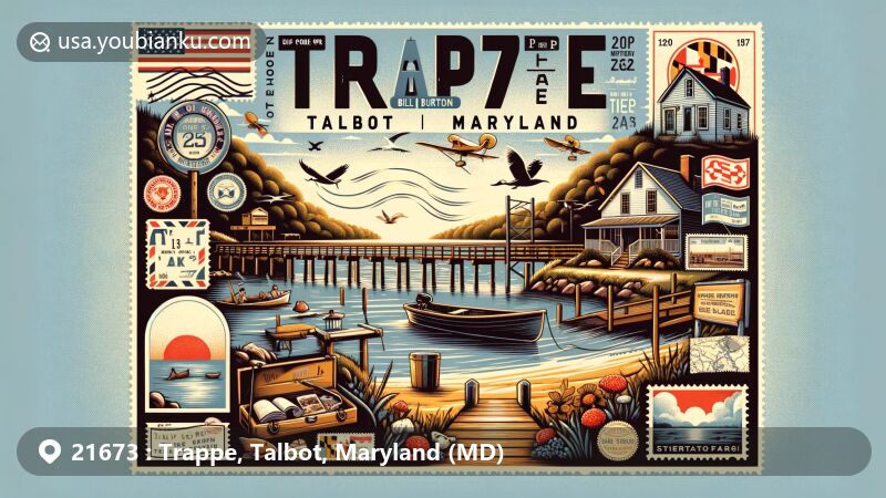 Modern illustration of Trappe, Talbot County, Maryland, integrating natural beauty and historical charm with postal elements, showcasing Bill Burton Fishing Pier State Park and postal culture with vintage books, maps, air mail envelope, Maryland state flag stamp, postmark with ZIP code 21673, and old-fashioned mailbox.