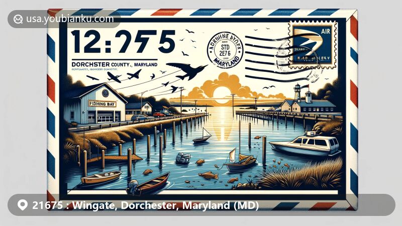 Modern illustration of Wingate, Dorchester County, Maryland, featuring postal theme with ZIP code 21675, showcasing the Honga River, Fishing Bay, and Maryland state symbols.