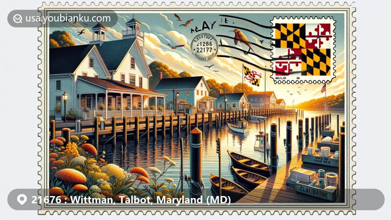 Modern illustration of Wittman, Talbot County, Maryland, featuring iconic Wittman Wharf at the crossroads of Pot Pie Road, New Road, and Cummings Road, capturing the essence of local watermen culture and sustainable fishing practices with Maryland state flag integration.