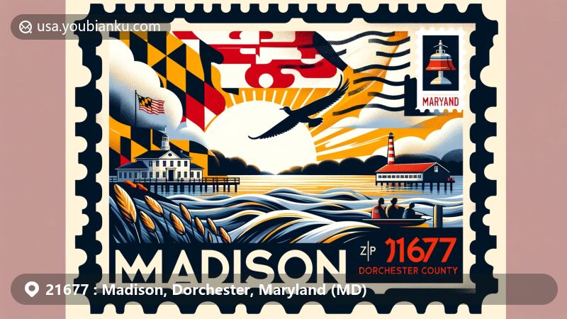 Modern illustration of Madison in Dorchester County, Maryland, featuring scenic Madison Bay, Maryland state flag, air mail envelope with ZIP code 21677, postage stamp, postal mark, and a subtle reference to Harriet Tubman.