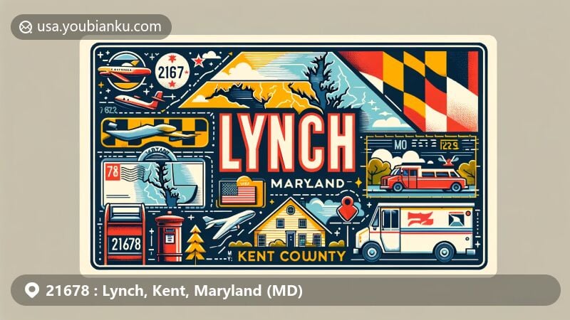 Modern illustration of Lynch, Maryland, in Kent County, emphasizing ZIP code 21678 and capturing local culture with state flag and postal elements.