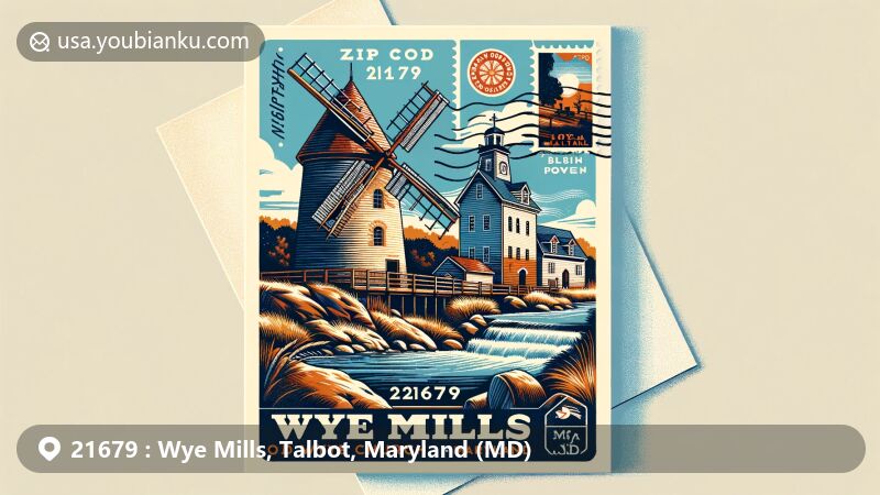 Modern illustration of Wye Mills, Talbot, Maryland, showcasing postcard design with Old Wye Mill and Old Wye Church against Wye Oak State Park backdrop, including postal elements like stamp and postmark.
