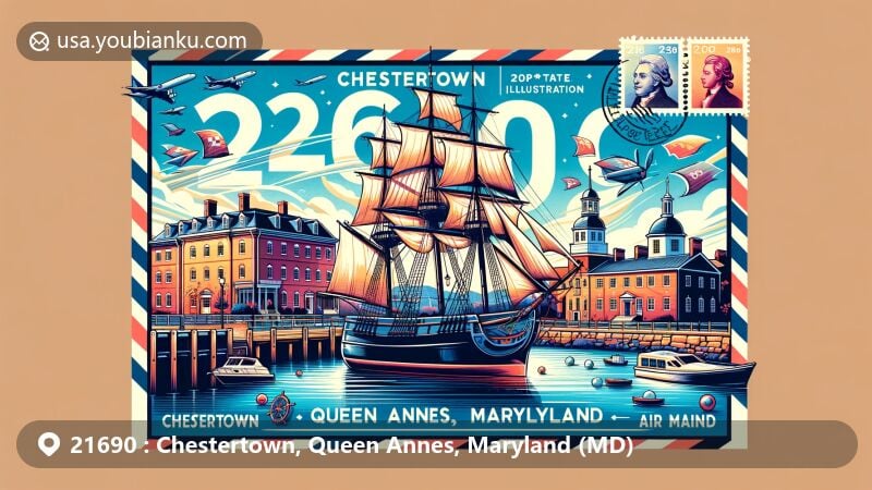 Modern illustration of Chestertown, Queen Annes, Maryland (MD), showcasing colonial history, maritime heritage, and postal theme with ZIP code 21690, featuring Chestertown Historic District, Schooner Sultana, and iconic architectural styles.