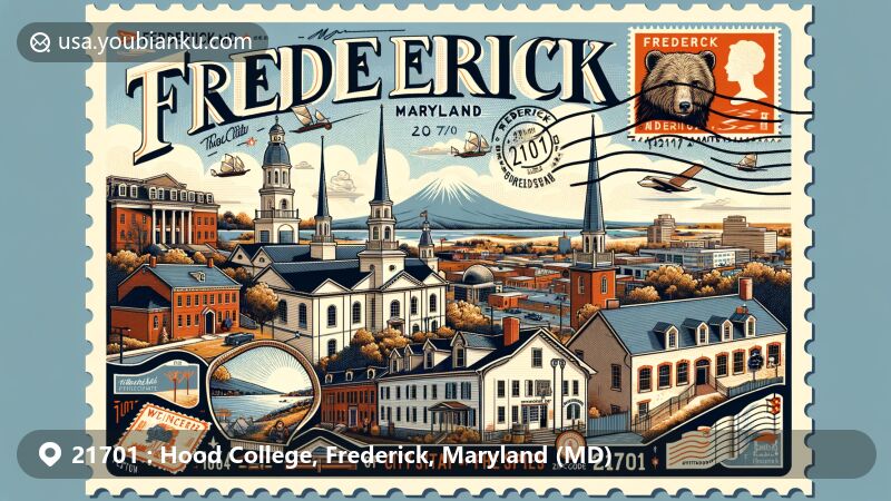 Modern illustration of Frederick, Maryland, showcasing postal theme with ZIP code 21701, featuring The City of Clustered Spires, Catoctin Mountain, and Weinberg Center for the Arts.
