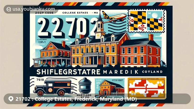 Modern illustration of College Estates, Frederick, Maryland, featuring ZIP code 21702, highlighting Schifferstadt Architectural Museum, a key landmark of Frederick County and designated National Historic Landmark, incorporating Maryland state flag.