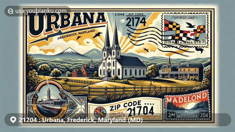 Modern illustration of Urbana, Frederick County, Maryland, highlighting the historic Zion Episcopal Church and scenic Sugarloaf Mountain, embodying Urbana's rich history and natural beauty, incorporating postal elements with vintage postcard layout and Maryland state symbols.
