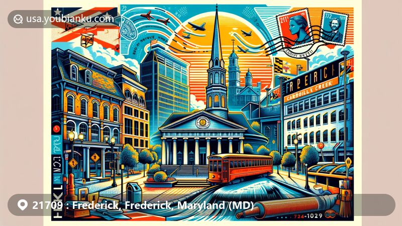 Modern illustration of Frederick, Maryland, featuring Historic Downtown, Francis Scott Key Monument, and Carroll Creek Linear Park, with postal motifs like stamp, postmark, and ZIP Code 21709.