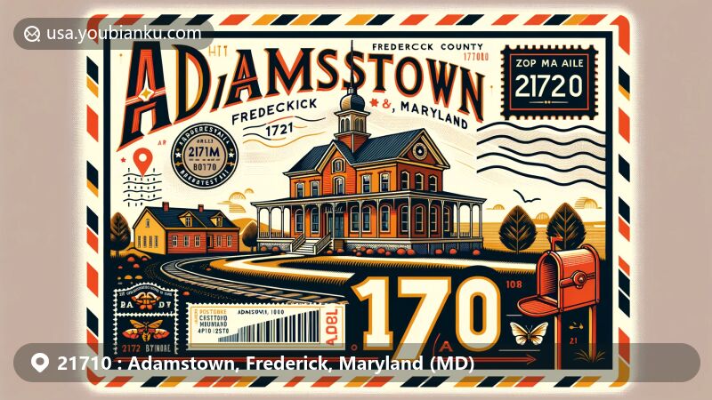 Modern illustration of Adamstown, Frederick County, Maryland, featuring Schifferstadt Architectural Museum and historic Baltimore & Ohio Railroad, in postal theme with ZIP code 21710.