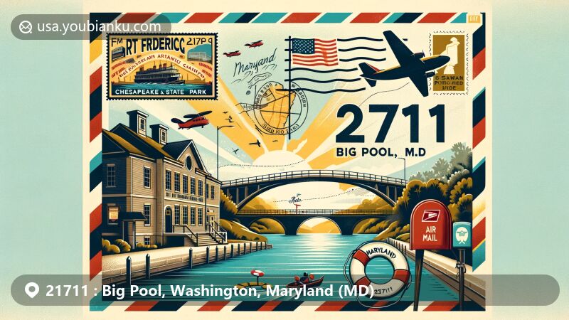 Modern illustration of Big Pool, Washington County, Maryland, highlighting postal theme with ZIP code 21711, featuring Fort Frederick State Park, Chesapeake and Ohio Canal, and Maryland state flag.