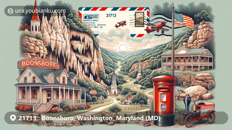 Modern illustration of Boonsboro, Washington County, Maryland, featuring Crystal Grottoes Caverns, South Mountain State Park, Boonesborough Museum of History, vintage air mail envelope, postage stamp with ZIP code 21713, and classic red post box.