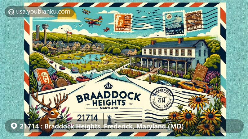 Modern illustration of Braddock Heights, Maryland, with Braddock Heights Park, the Braddock Inn, airmail theme, and Maryland symbols.