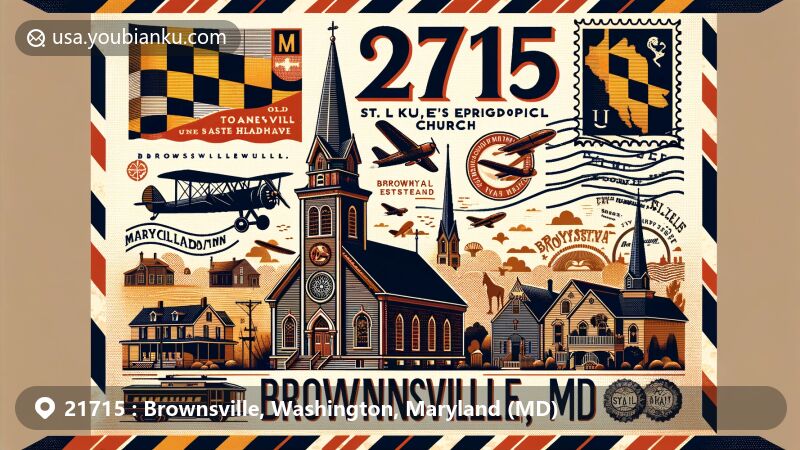 Modern illustration of Brownsville, Washington County, Maryland, showcasing postal theme with ZIP code 21715, featuring St. Luke's Episcopal Church, the Old Brownsville Church of the Brethren Cemetery, and Maryland state symbols.