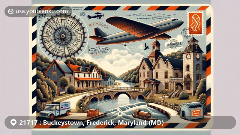 Contemporary illustration of Buckeystown, Frederick County, Maryland, presenting historic landmarks like Buckeystown Historic District and Michael’s Mill, as well as natural beauty of Monocacy River, integrated with postal elements and ZIP Code 21717.