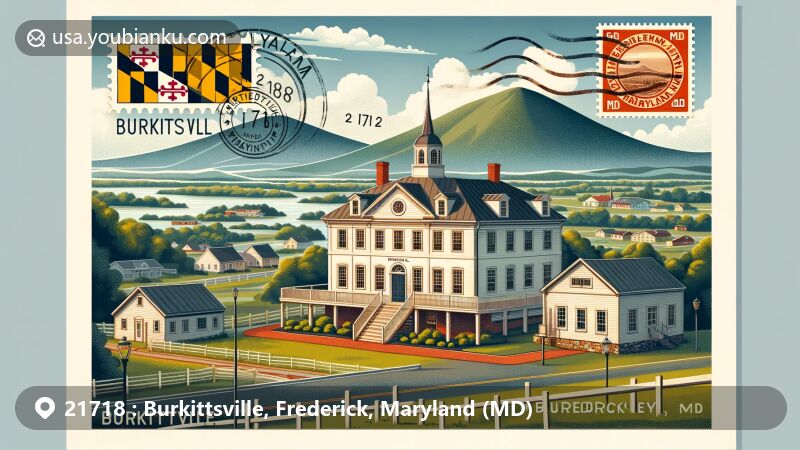 Modern illustration of Burkittsville, Maryland, showcasing iconic historic building and tranquil Middletown Valley with South Mountain backdrop. Includes Maryland state flag, stamp displaying '21718' and 'Burkittsville, MD,' and stylized postmark 'Burkittsville, Frederick, Maryland.'