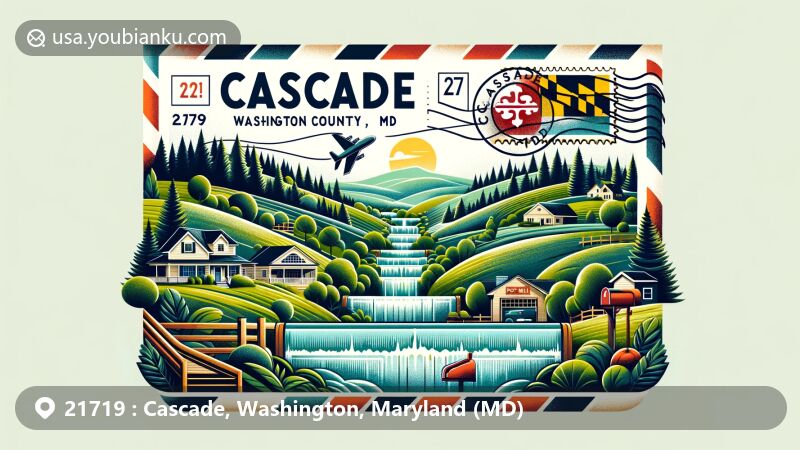 Modern illustration of Cascade, Washington County, Maryland, representing ZIP code 21719, featuring undulating hills, dense forests, and a tranquil community atmosphere in a wide-format design.