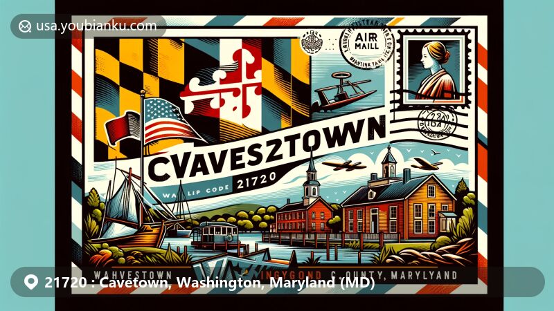 Modern illustration of Cavetown, Washington County, Maryland, featuring Maryland state flag, Washington County outline, and The Willows historic site.