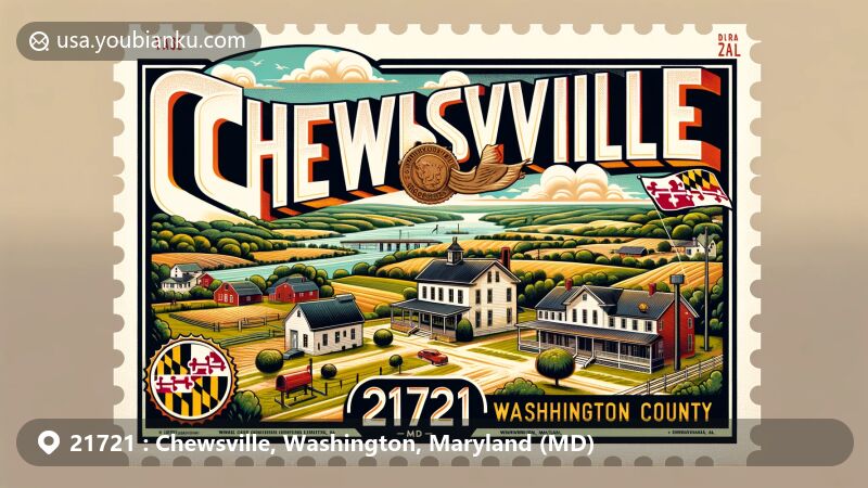 Modern illustration of Chewsville, Washington County, Maryland, capturing the essence of its quaint rural setting and community spirit, with subtle Maryland state symbols in a postcard format.