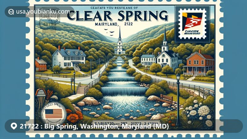 Modern illustration of Clear Spring, Washington County, Maryland, showcasing unique town characteristics and postal theme with ZIP code 21722, featuring historic landmarks and natural beauty.