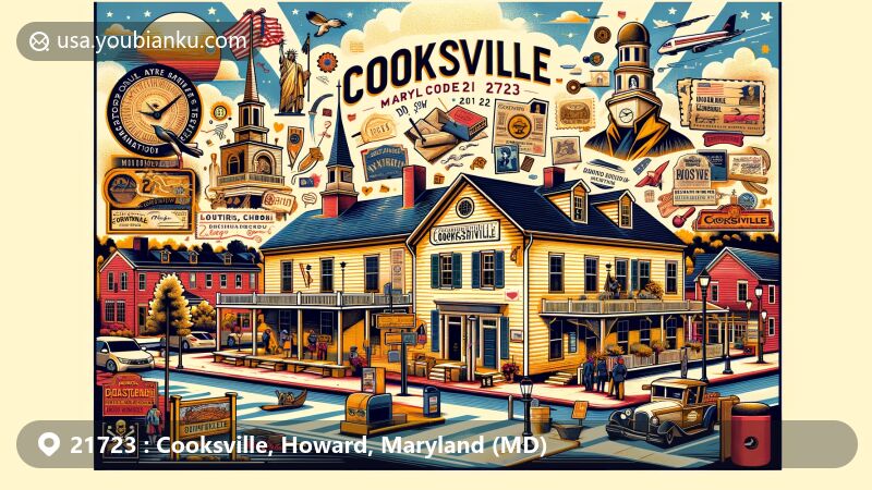 Modern illustration of Cooksville, Howard County, Maryland, representing ZIP code 21723, featuring Joshua Roberts Tavern, Cooksville High School, and postal elements like vintage postcards and Gary J. Arthur Community Center.