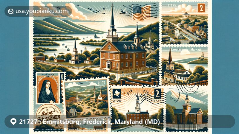 Contemporary illustration of Emmitsburg, Maryland, showcasing historic landmarks and natural beauty, including National Shrine of Saint Elizabeth Ann Seton and Catoctin Mountain Park.