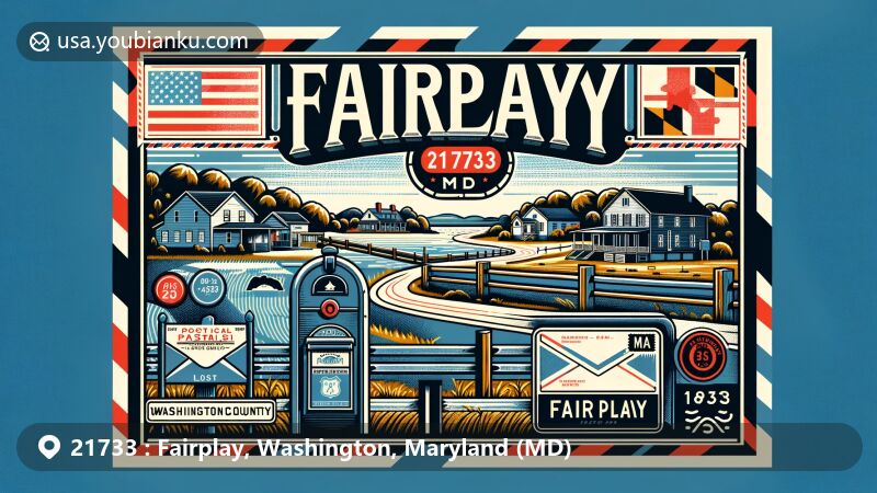 Modern illustration of Fairplay, Washington County, Maryland, resembling an air mail envelope with red and blue stripes, featuring scenic landscape of Fairplay Road and Spielman Road, Maryland state flag, Washington County outline, American mailbox with ZIP code 21733, and postal symbols.