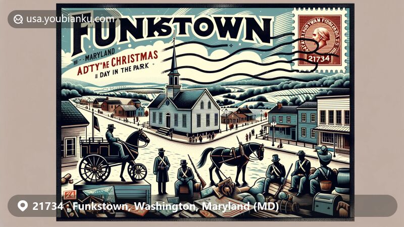 Wide-format illustration of Funkstown, Maryland, incorporating historical and cultural elements, featuring Antietam Creek, symbols of Civil War Battle of Funkstown, and Funkstown Historic District. Includes festive elements from town events and a postal theme with ZIP code 21734.