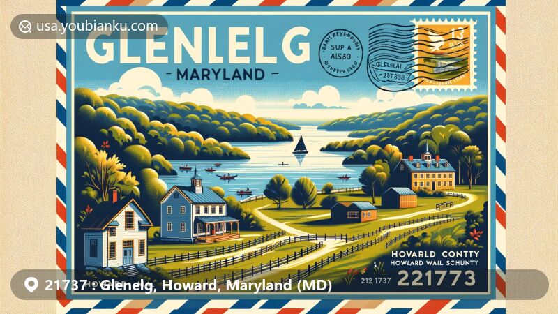 Modern illustration of Glenelg area, Howard County, Maryland, featuring ZIP code 21737, showcasing natural beauty of Patapsco River Valley Park, outdoor activities, and historical landmarks like an 18th-century house and Glenelg Country School.