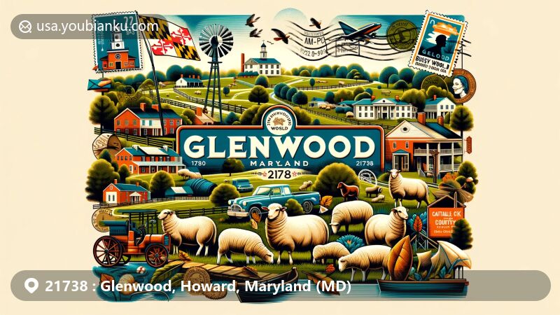 Modern illustration of Glenwood, Howard County, Maryland, showcasing historical farms like Bushy Park, Longwood, and Ellerslie along with modern attractions like Maryland Sheep and Wool Festival and Cattail Creek Country Club.