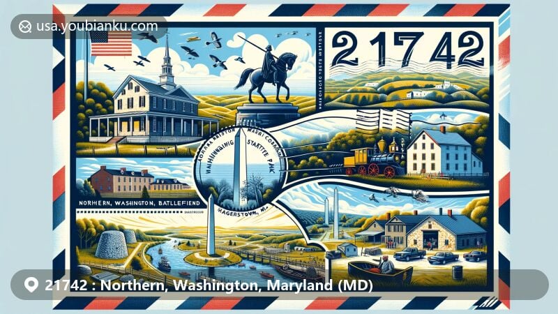 Modern illustration of Northern, Washington County, Maryland, highlighting Civil War history with Antietam National Battlefield, Washington Monument State Park, and historic architectural treasures, blending Germanic influence and agricultural heritage.