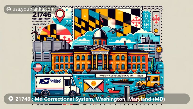 Modern illustration of Roxbury Correctional Institution, Hagerstown, Washington County, Maryland, featuring postal theme with ZIP code 21746, showcasing state flag and correctional symbols.