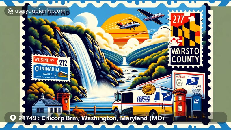Modern illustration of Catoctin Mountain and Cunningham Falls in Washington County, Maryland, reflecting regional and postal themes for ZIP code 21749, featuring airmail envelope with Maryland flag stamp and postal artifacts.
