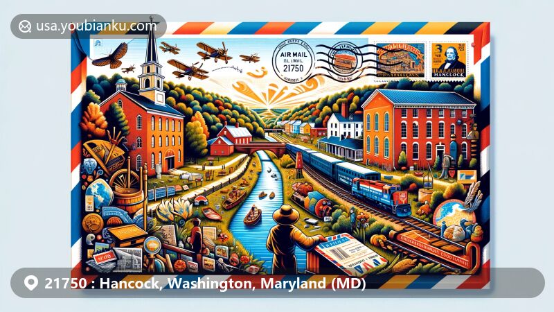 Modern illustration of Hancock, Maryland, highlighting its history and natural beauty as Maryland's 'Trail Town' with the Chesapeake & Ohio Canal, Western Maryland Rail Trail, and ZIP Code 21750, featuring symbols of early American history and transportation boom of the 1800s.